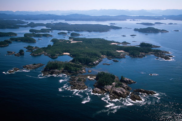 Aerial of Hakai Pass recreational Area, Central Coast along Inside Passage, British Columbia, Canada.